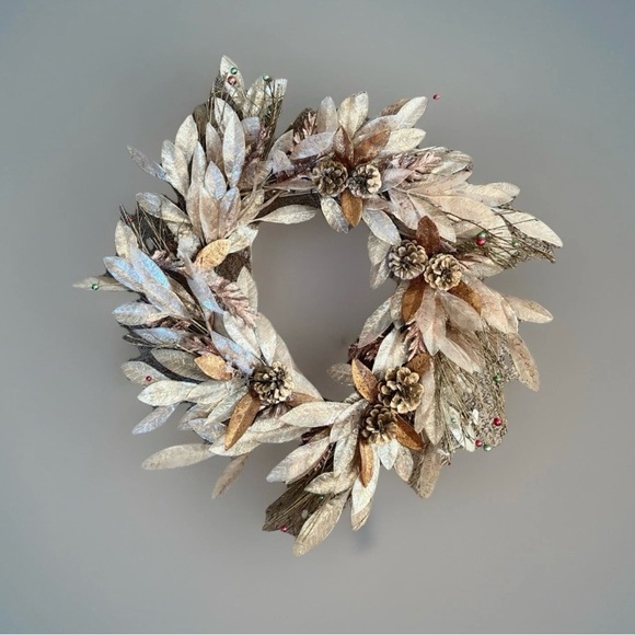 Pottery Barn Other - Handmade Festive Faux Wreath Door wall Decor Rattan Bells Gold Silver Pine